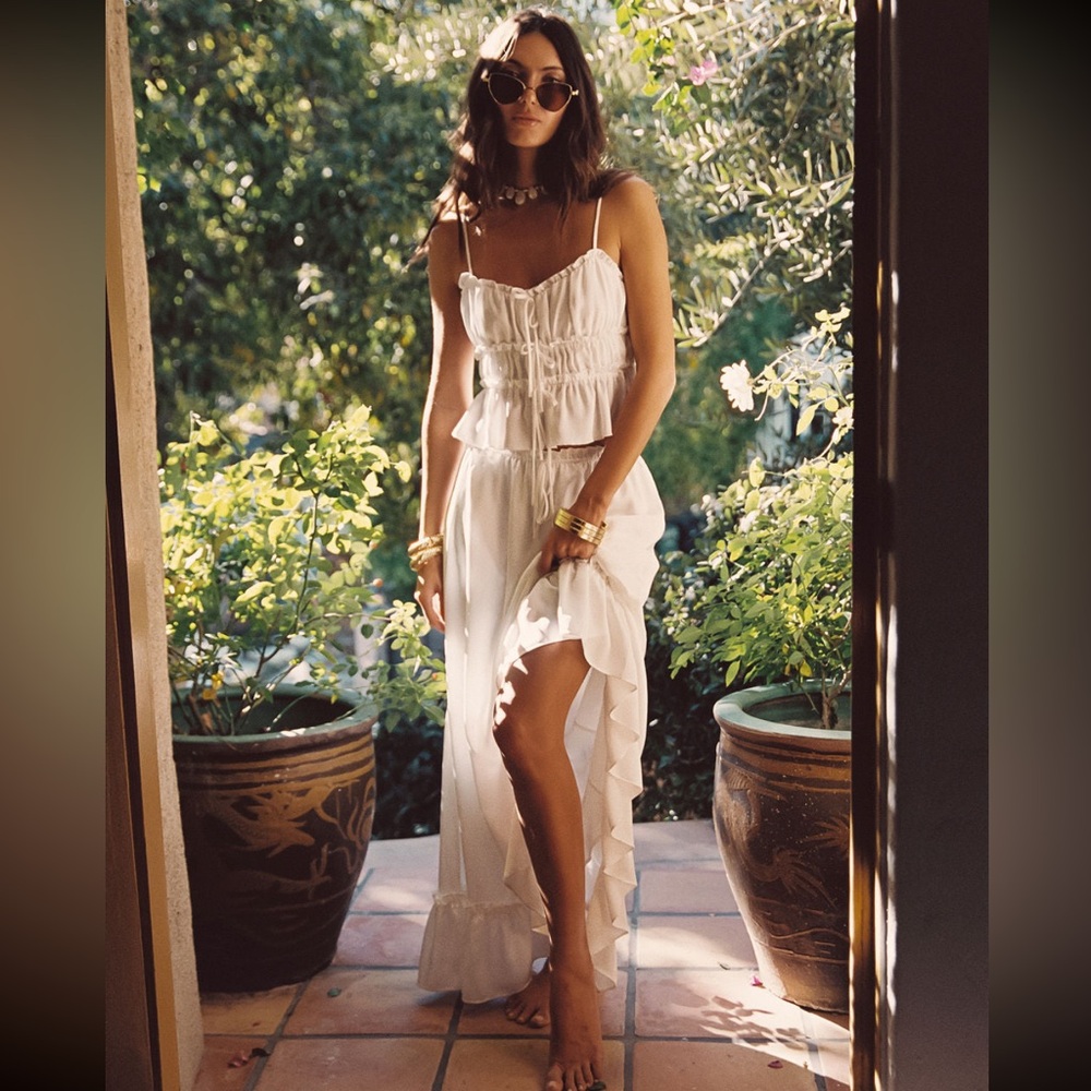 12th Tribe White Ruffle High-Slit Maxi Skirt